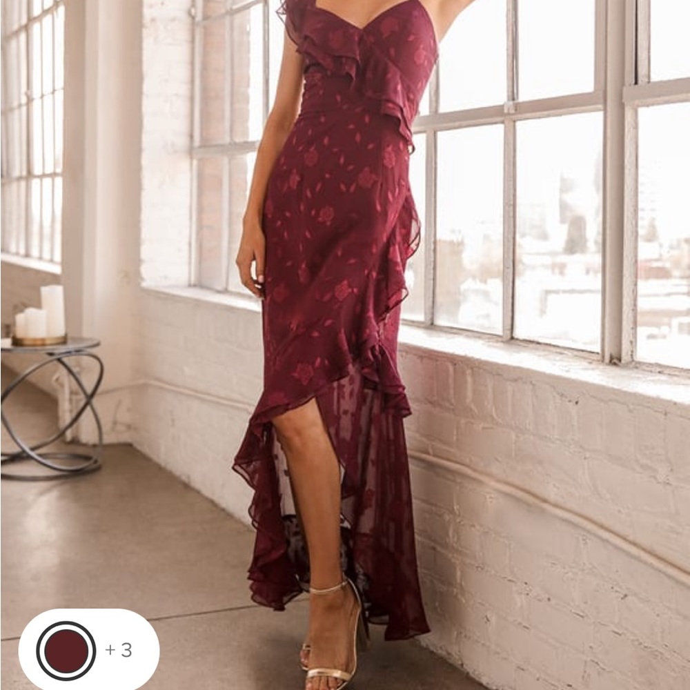Lulu’s Burgundy Floral Ruffled Maxi Dress